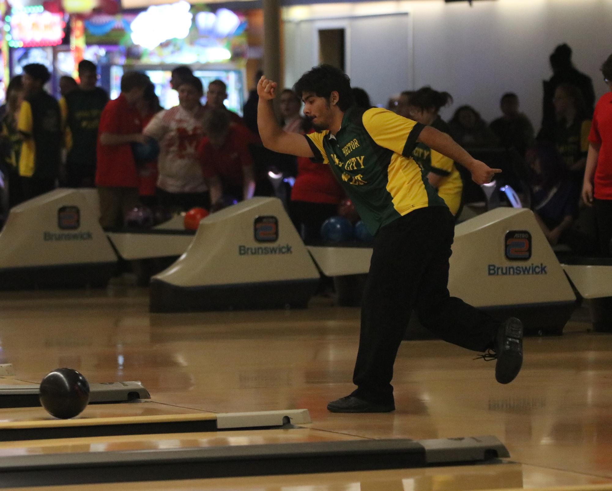 Hector Reyna '27 releases his bowling ball during his first series Dec. 4. 