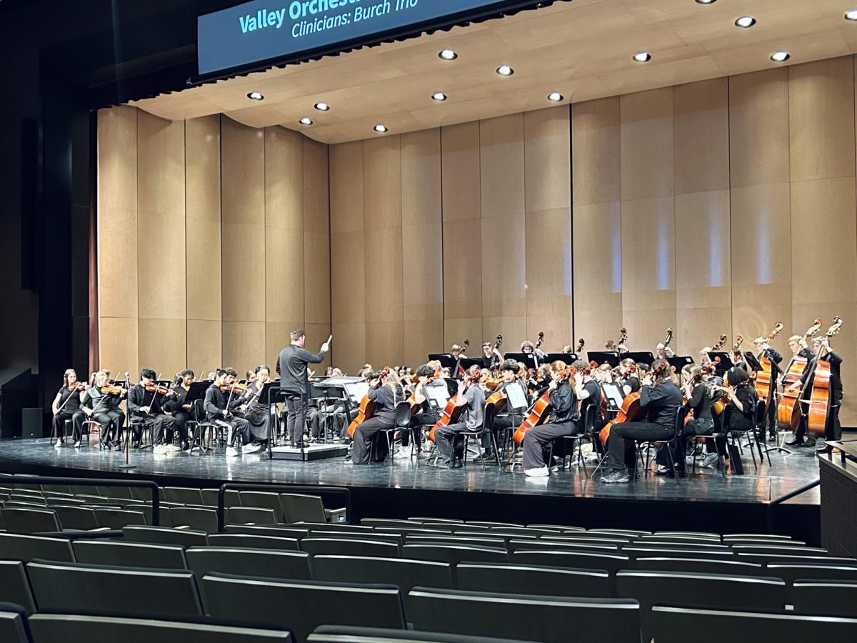 Combined Concert and Philharmonic Strings play at the Valley Orchestra Clinic. The two groups combined for three pieces. Photo courtesy of Kathryn Swinbank.