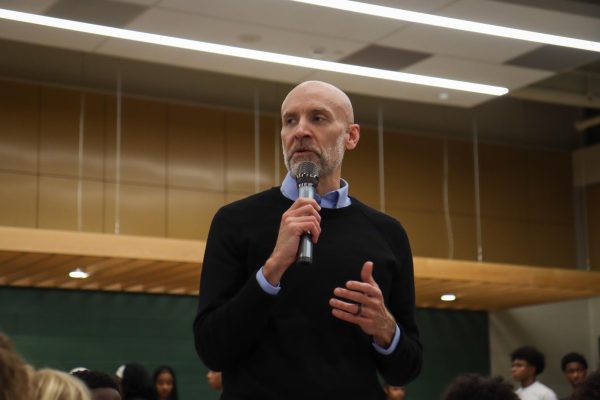 Making an announcement, ICCSD Superintendent Matt Degner expresses his appreciation for West High’s annual iftar dinner, highlighting it as one of his favorite traditions in the community Feb. 27. 