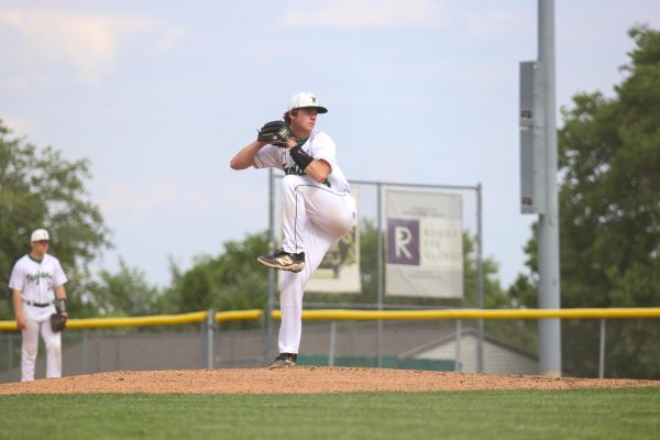 Kyle Henkenius ’27 pitches vs. Xavier in game one of a doubleheader on June 9, 2025, at the West High Baseball field. West fell to Xavier 16-4 in game
one but rebounded with a 12-2 victory in game two.
