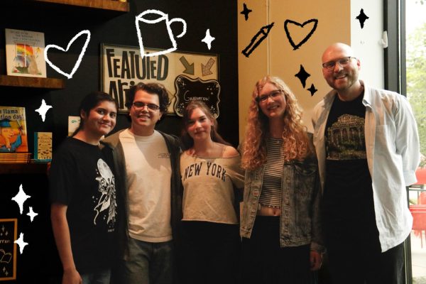 Iowa Student Poet Ambassador Josie Nabhan-Warren '27 stands with fellow students Joaquin Gomez '26, Endrit Ramku '27 and Lydia Cruce '27, along with creative writing teacher Darien Robins. The four students read a mixture of poetry and prose during the reading event May 9.