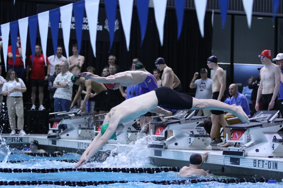 Pushing off of the block, Oliver Mikulski '26 dives into the water at the swim state championship meet Feb. 14. 