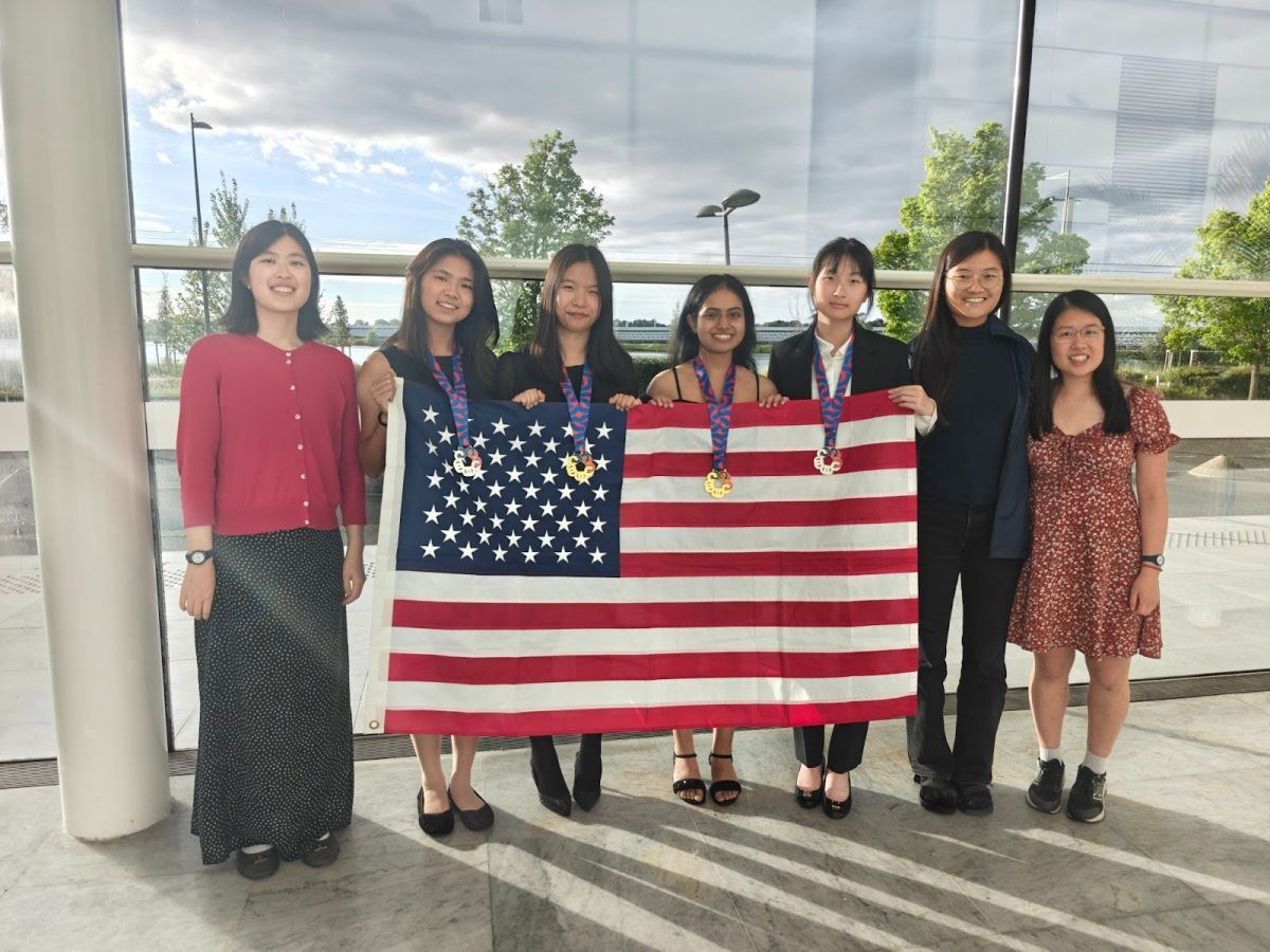Catherine Xu ‘26 with the United States team at the 2026 European Girls’ Mathematical Olympiad in Bordeaux, France. Photo courtesy of the Mathematical Association of America.
