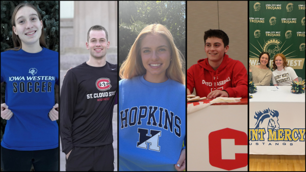 Five senior athletes pose for a picture with their collegiate apparel on. Photos courtesy of Alex Held, Oliver Mikulski, Julia Dorale, Minna Abdalla and Hallei Praska. 